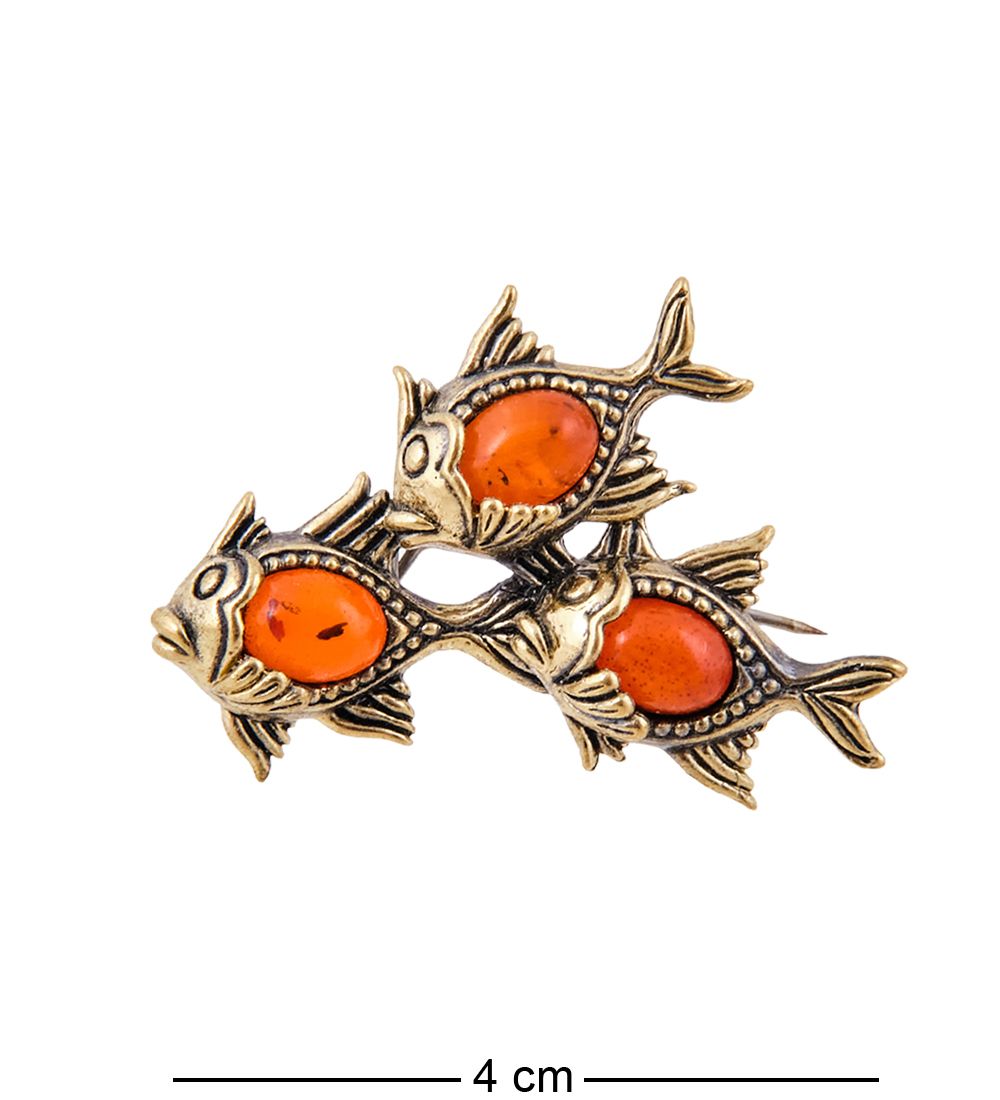 AM-3616 Брошь «Стая рыбок» (латунь, янтарь)