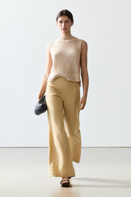 Massimo Dutti Льняные брюки-клеш с полосатым рисунком, песочный