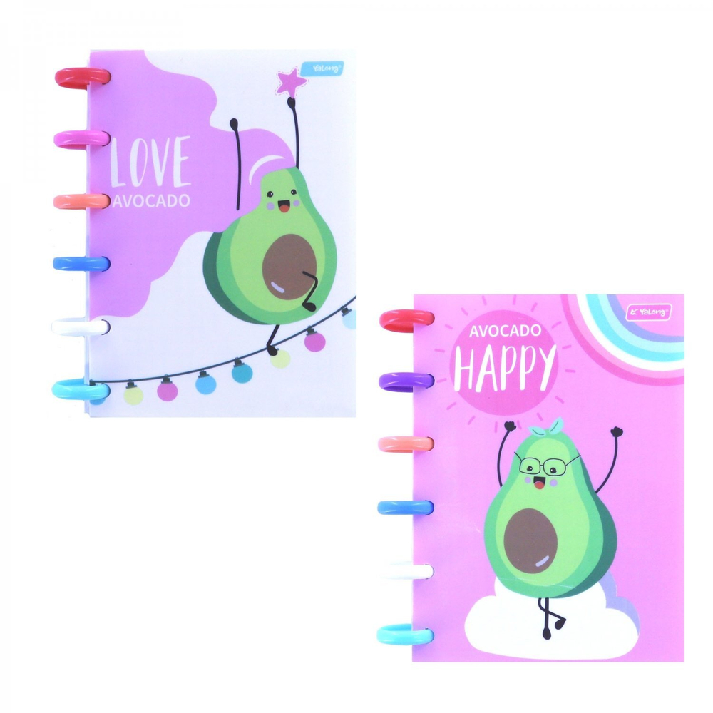 Блокнот А6, Yalong, цветные кольца, пластиковая обложка, клетка, 100 л., "Счастливые авокадо", ассорти