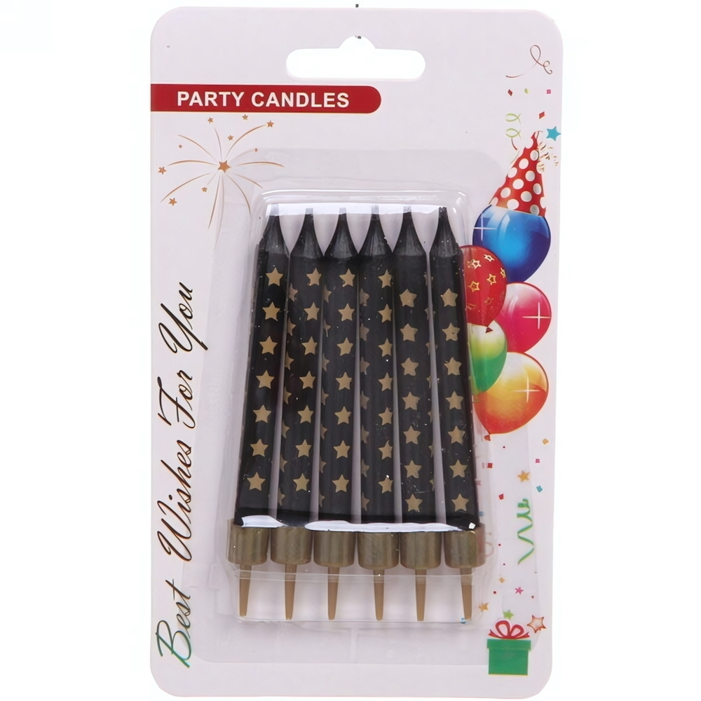 Свечи для торта «Золотая звезда» 8 см (набор 6 шт), черый/золото