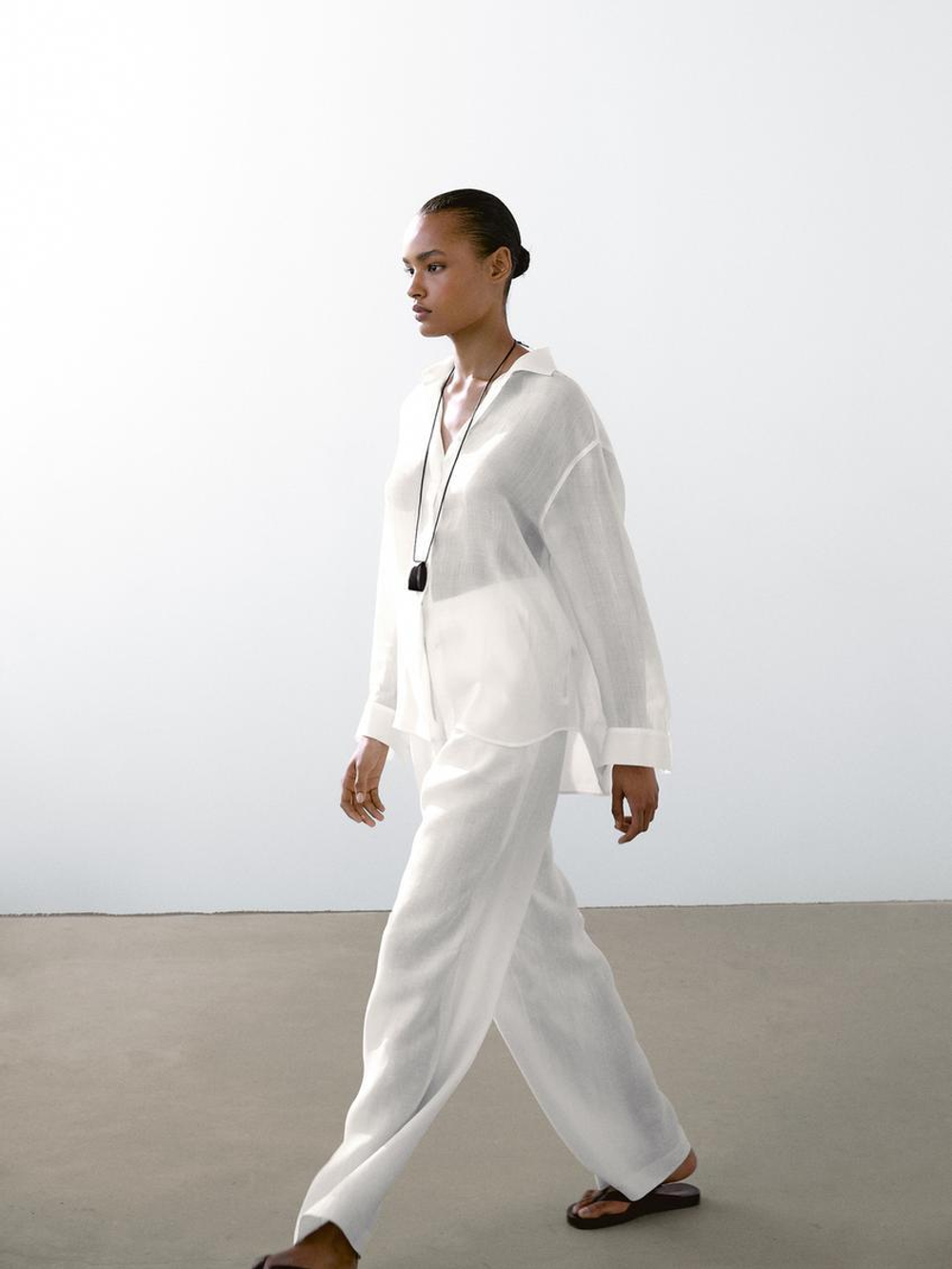 Massimo Dutti Рубашка свободного кроя из смесовой ткани рами, белый