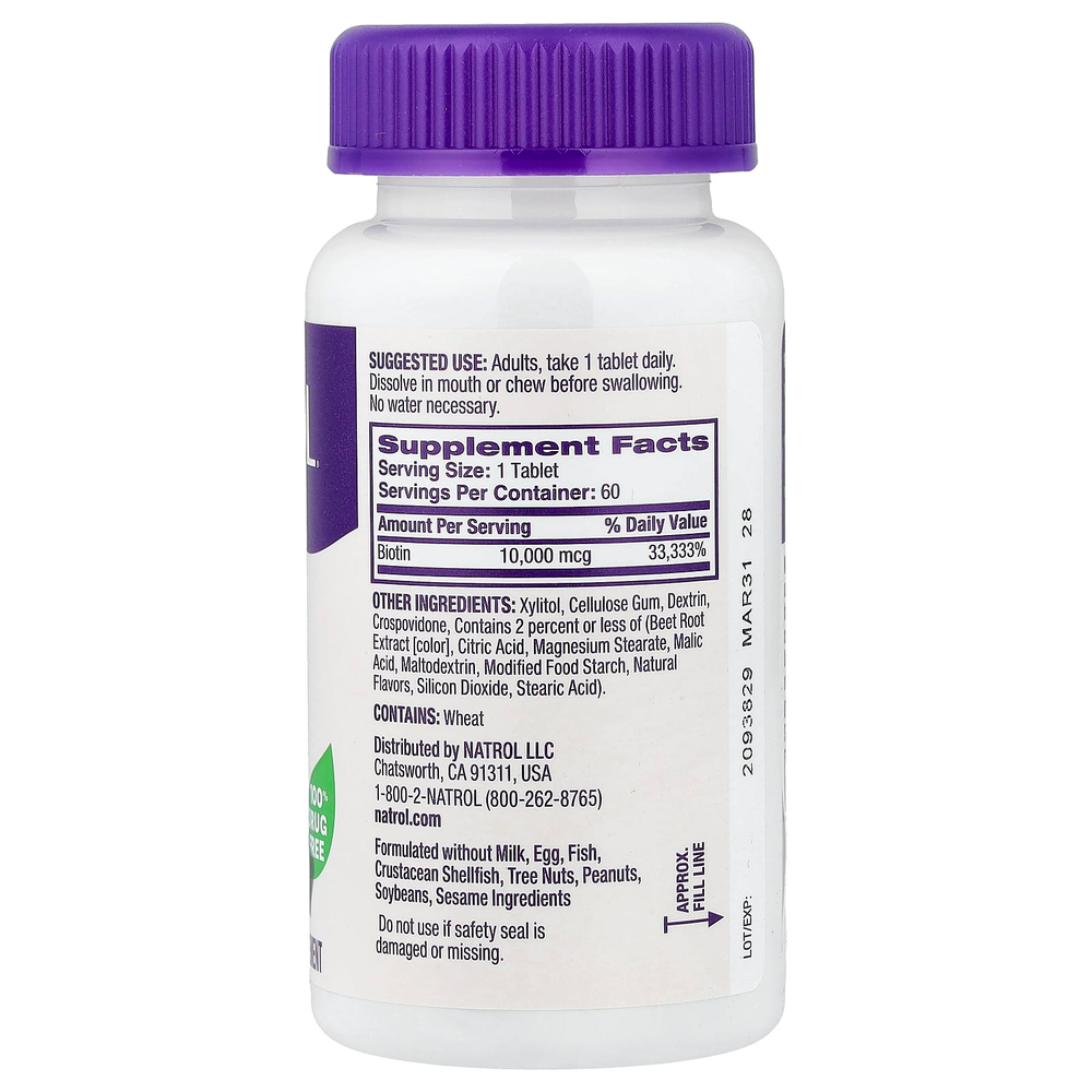 Natrol, биотин, быстрорастворимые таблетки, клубника, 10 000 мкг, 60 таблеток