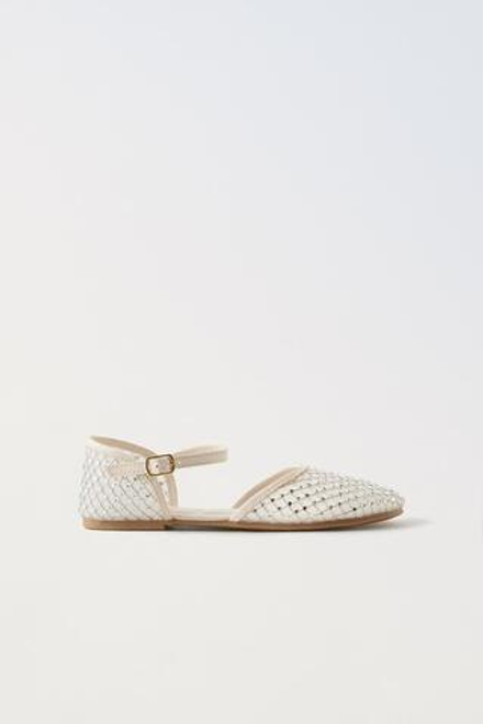ZARA БАЛЕТКИ СО СТРАЗАМИ, ЭКРЮ