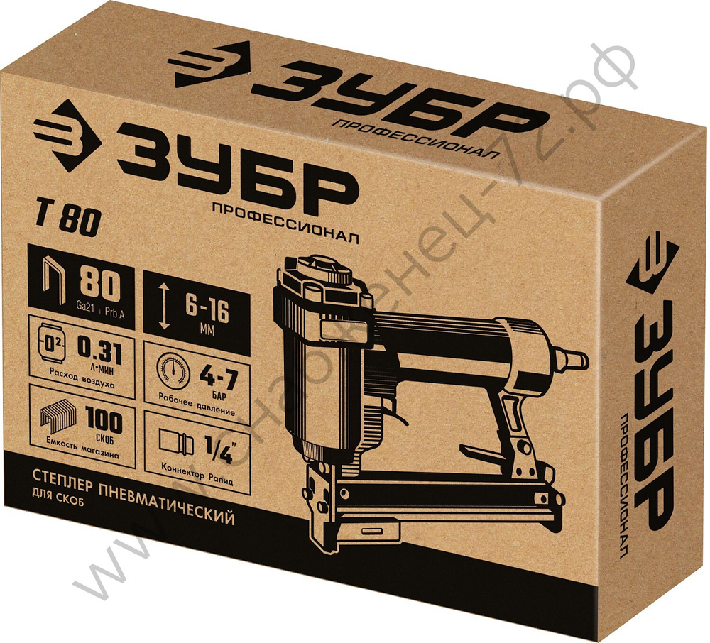 ЗУБР Т80, скобы тип 80, (6 - 16 мм), пневматический степлер, Профессионал (скобозабиватель), Профессионал (31938)