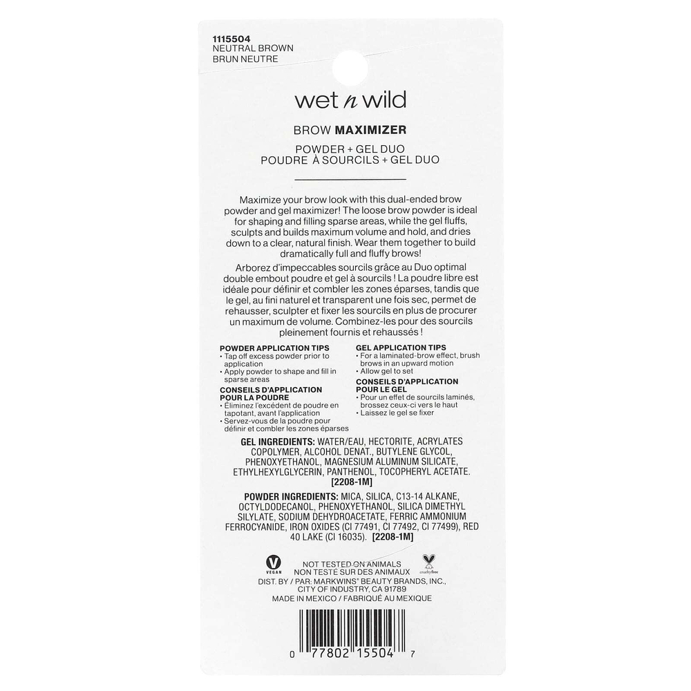 wet n wild, Brow Maximizer, пудра + гель Duo, нейтральный коричневый, пудра - 0,8 г (0,02 унции), гель - 3,5 мл (0,11 жидк. унц.)