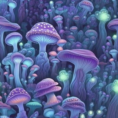 Бескрайний лес неоновых грибов. Флуоресцент арт. Полотно для созерцания.