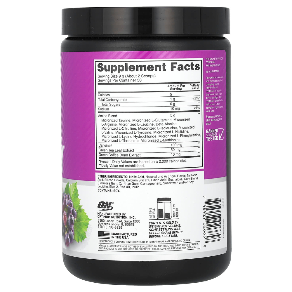 Optimum Nutrition, Essential Amin.O. Energy®, виноград «конкорд», 270 г (9,5 унции)
