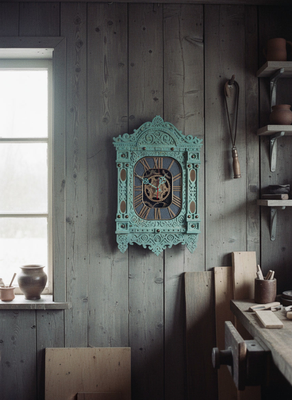 Мятные резные часы-наличник WOODandROOT на стене светлой мастерской, естественный дневной свет подчёркивает узоры и спокойную ремесленную атмосферу.