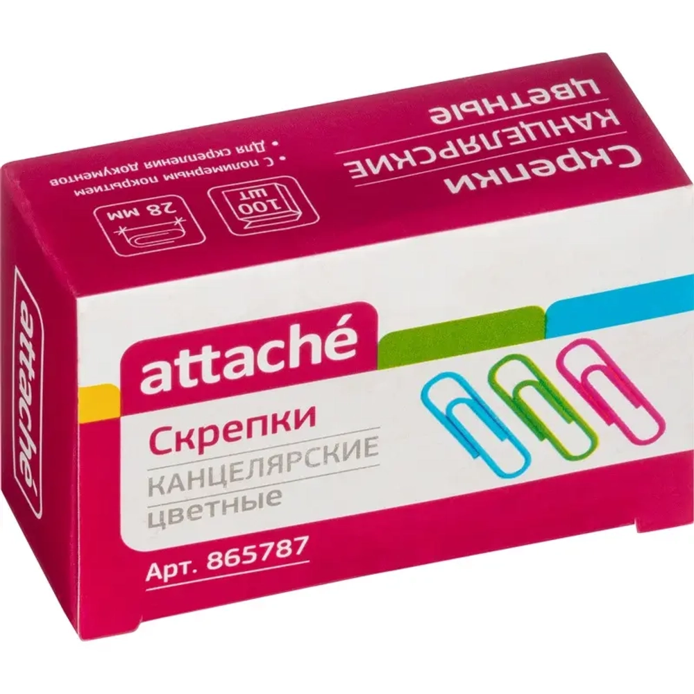 Скрепки канцелярские 28 мм Attache металлические цветные с полимерным покрытием, 100 штук в упаковке