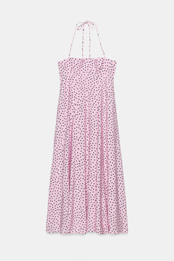 ZARA ПЛАТЬЕ МИДИ В ГОРОШЕК С ГОРЛОВИНОЙ ХАЛТЕР И ОБЪЕМНЫМИ ДЕТАЛЯМИ, РОЗОВЫЙ