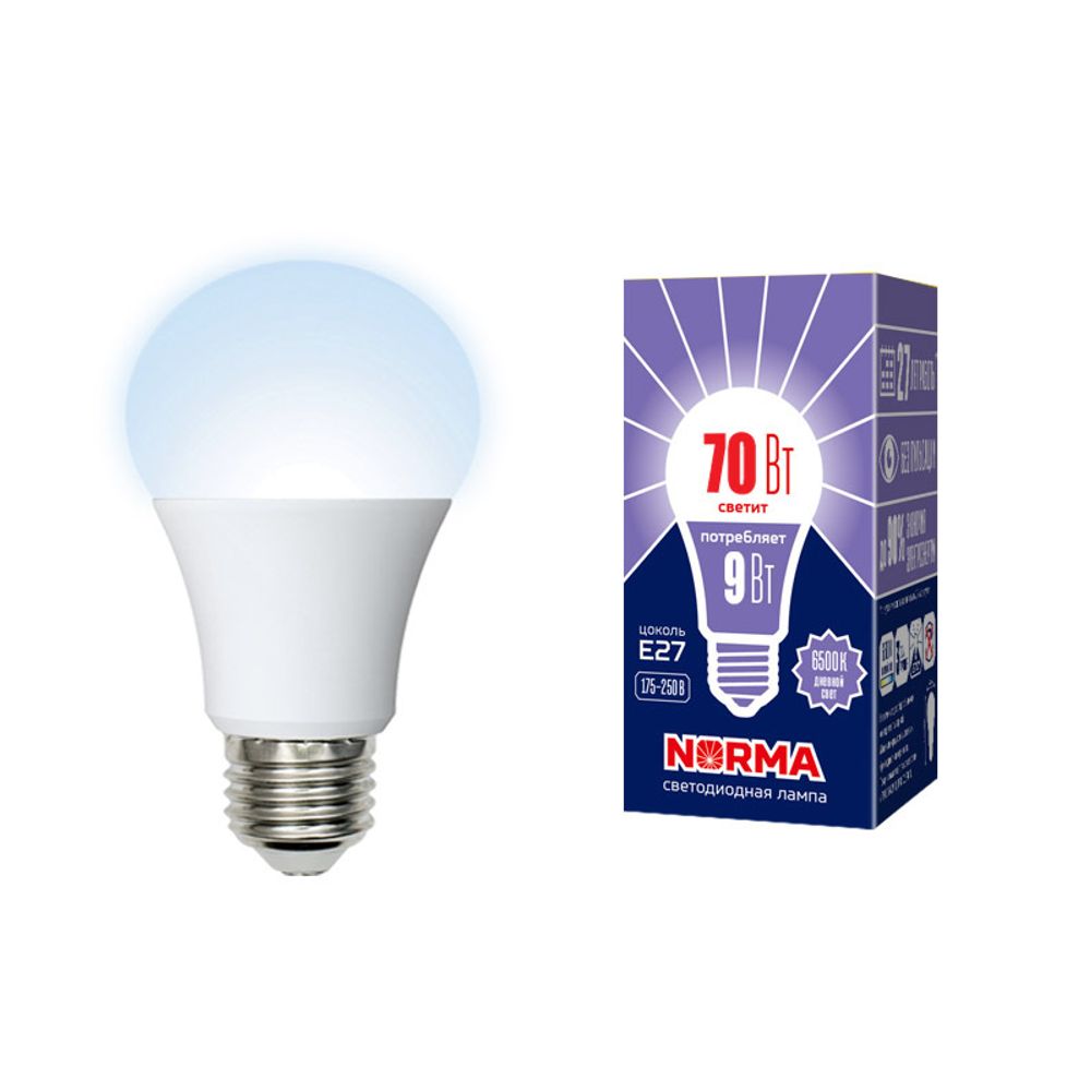 LED-A60-9W/6500K/E27/FR/NR Лампа светодиодная. Форма A, матовая. Серия Norma. Дневной белый свет (6500K). Картон. ТМ Volpe