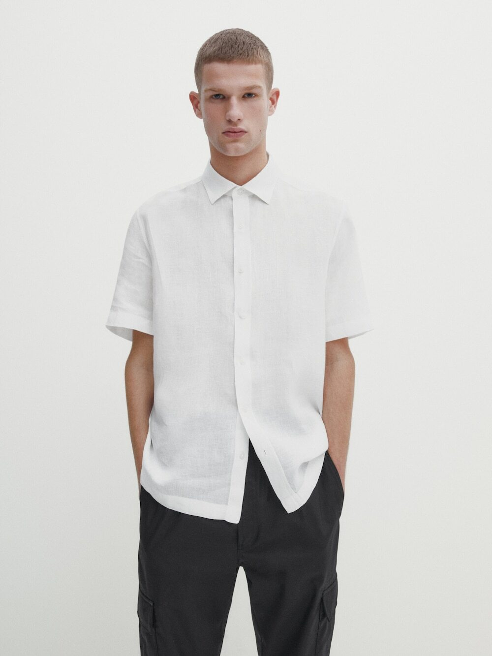 Massimo Dutti Рубашка из 100% льна с короткими рукавами,  белый