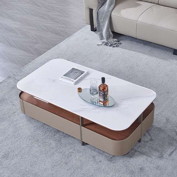 Журнальный столик 4636, белая керамика, шпон ореха, бежевая экокожа