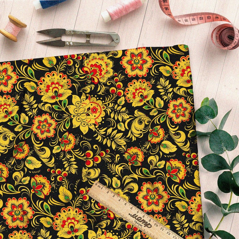 Ткань дюспо хохлома на чёрном