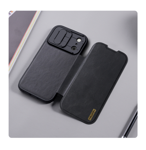 Кожаный чехол книжка от Nillkin для смартфона iPhone 17 Pro, серия Qin Pro Leather с сдвижной защитной шторкой для камеры