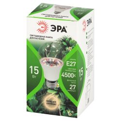Фитолампа для растений светодиодная ЭРА GREEN LINE ФИТО А60-15W-PFR-E27-GR полного спектра 15 Вт Е27 | Фитолампы Е27