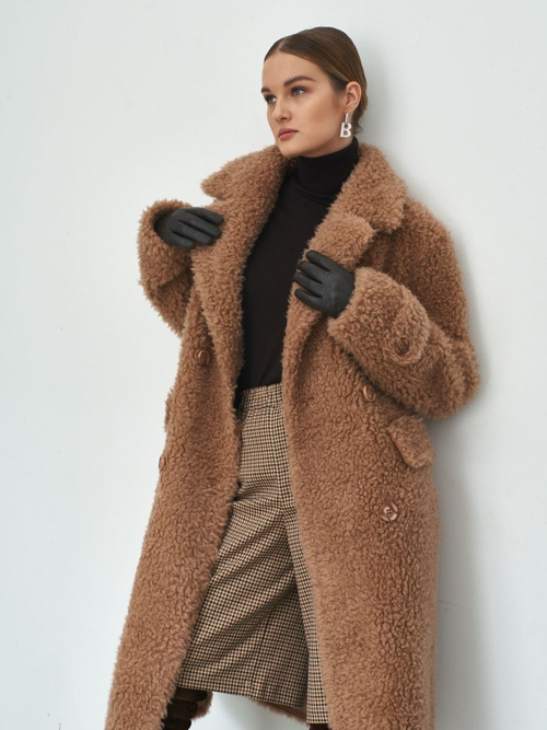 Шуба из шерсти мериноса чебурашка, коричневая, SilverFox