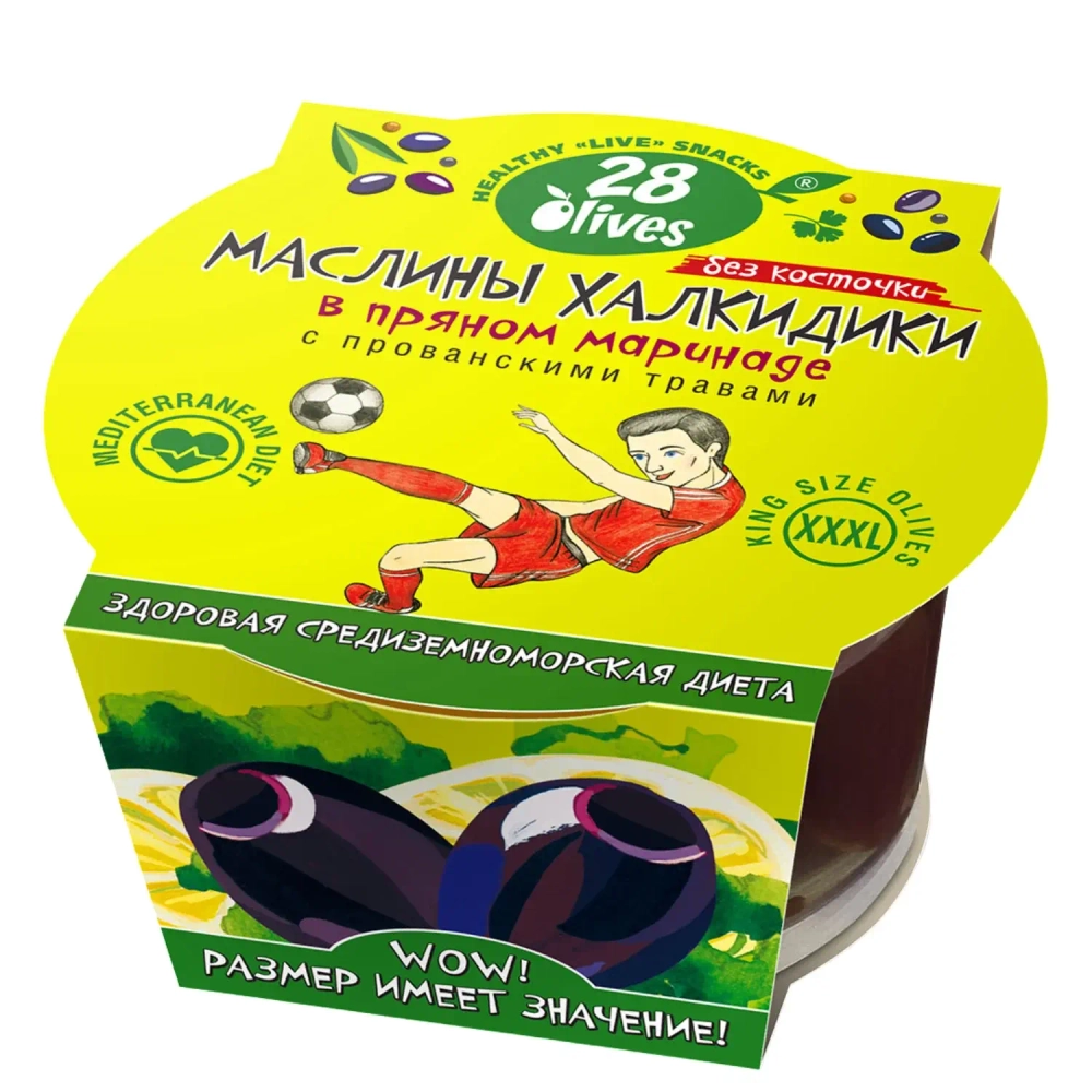 Маслины Халкидики без косточки в пряном маринаде с прованскими травами 28Olives, 150 г, упаковка спереди