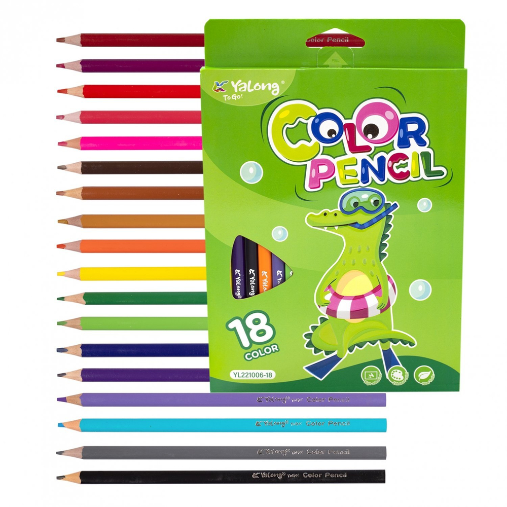 Карандаши цветные Yalong 18 цв, "Забавные зверята mix" пластиковые, трехгранные, заточенные, грифель 3.0 мм, картон. уп., европодвес