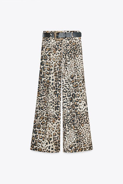 ZARA ШИРОКИЕ БРЮКИ ИЗ АТЛАСА С РЕМНЕМ, ЛЕОПАРДОВЫЙ