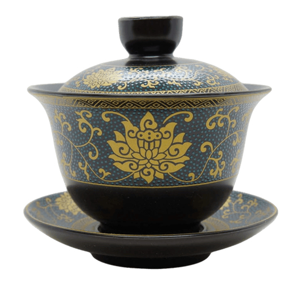 268122Y2 УЦЕНКА Гайвань ЧЕРНОЕ ЗОЛОТО "Лотос" 180 мл, d=100 мм,  h=100, фарфор матовый черный