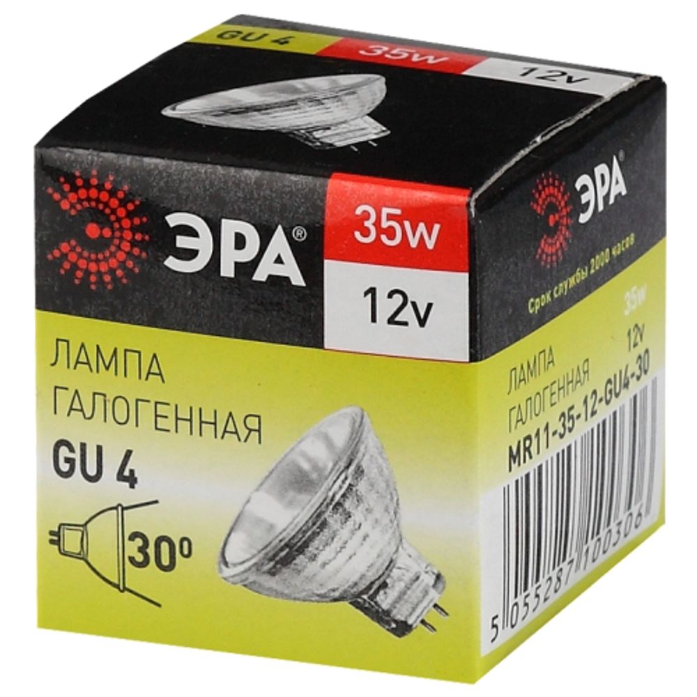 Лампочка галогенная ЭРА GU4-MR11-35W-12V-30CL GU4 35Вт софит теплый белый свет