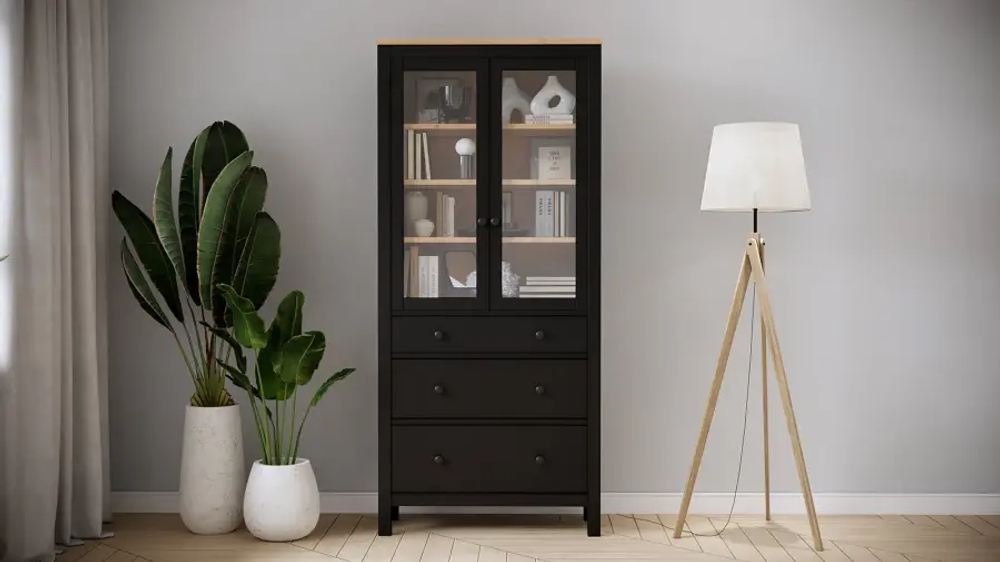 Шкаф-витрина 3 ящика - аналог IKEA HEMNES / ХЕМНЭС/ ХЕМНЕС / КЫМОР / ИКЕА 90х198х37 см, черный/светло-коричневый