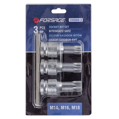 Набор Головок-бит SPLINE с отверстием 1/2'',3пр. (L-60мм,M14, M16, M18) Forsage F-248060-3