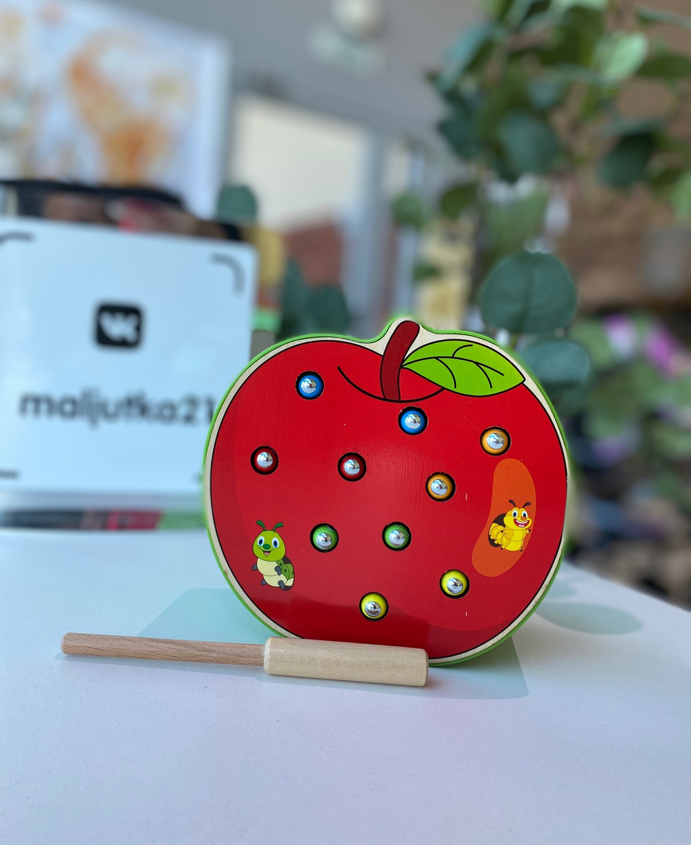 Деревянная развивающая игрушка, магнитная рыбалка "Яблоко с веселыми червячками", сортер для малышей