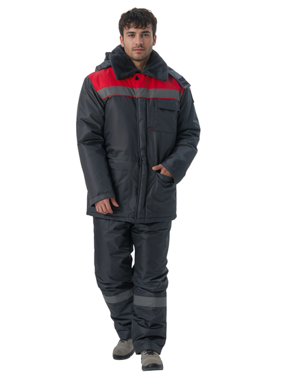 Костюм зимний "Труженик-Ультра-2" полукомбинезон (т.серый/красный)