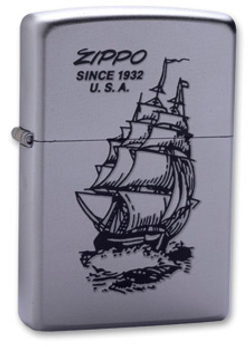 Легендарная классическая американская бензиновая широкая зажигалка ZIPPO Classic Satin Chrome™ серебристая из латуни и стали с изображением корабля с надписью Zippo since 1932 U.S.A  ZP-205Boat-Zippo