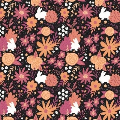 Белые кролики в цветах на темном фоне