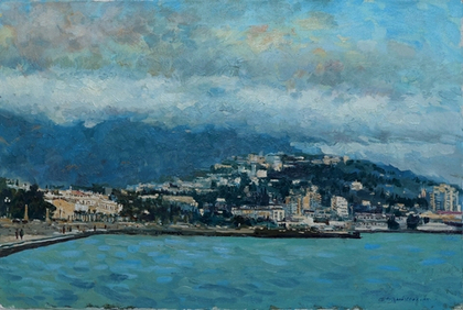 Картина Бочарова С.П. "Вид на Ялту в серебристо-жемчужную зиму" холст/масло 50х75
