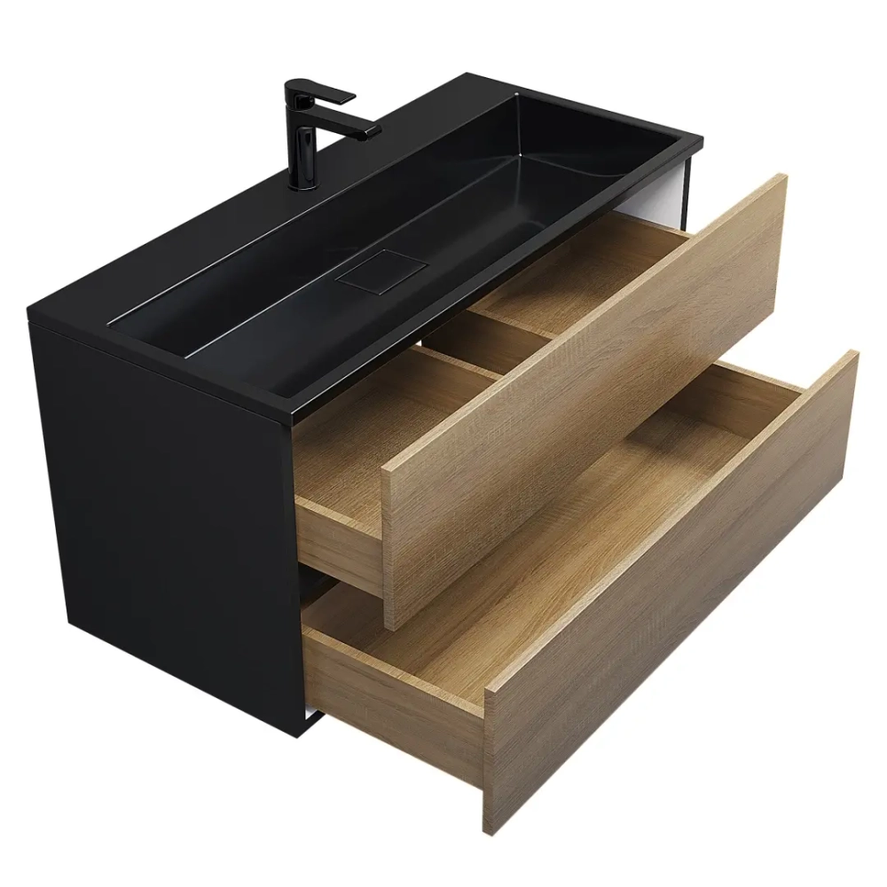 Тумба с раковиной Uperwood Barsa 100 см, раковина черная глянцевая, подвесная тумба черная/дуб сонома
