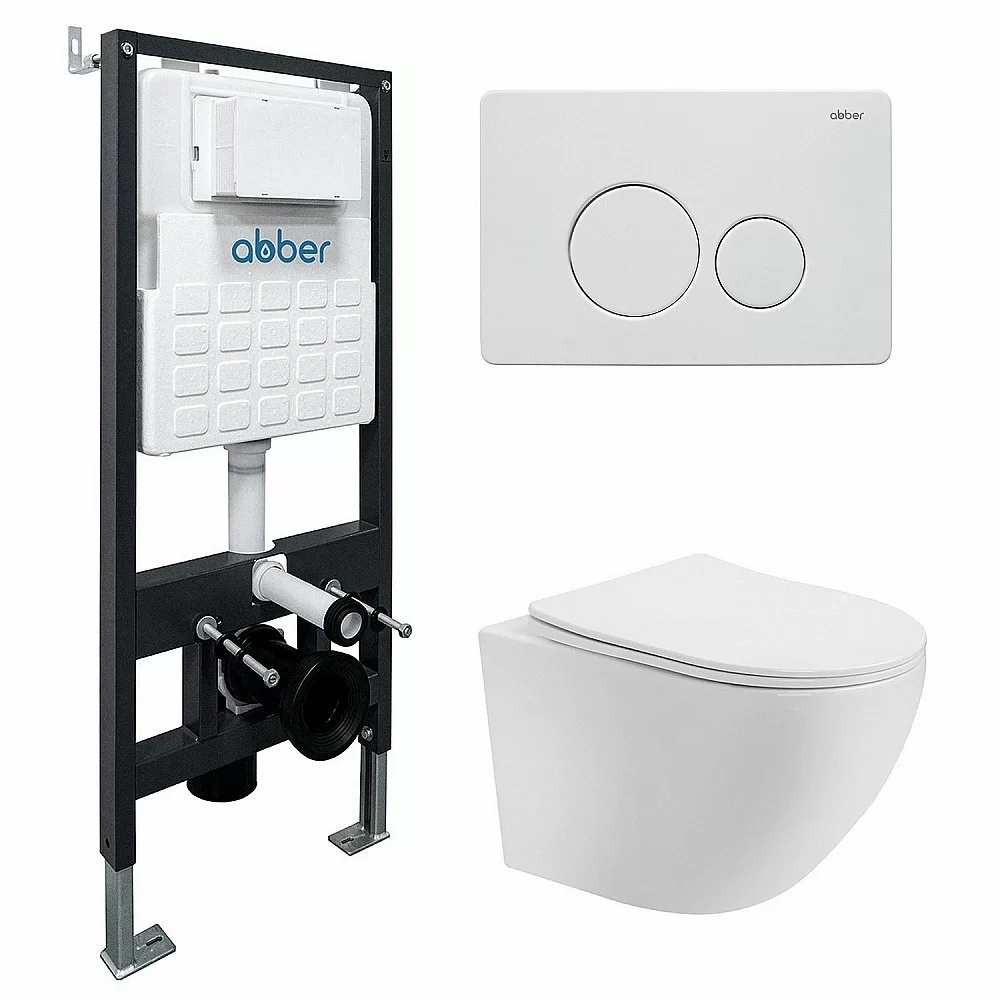 Унитаз подвесной Abber Bequem AC1100T-AC0105-AC0121MW белый, безободковый, с инсталляцией, с крышкой микролифт, слив-торнадо, с белой матовой кнопкой