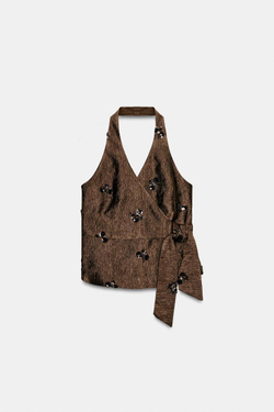 ZARA ТОП С ГОРЛОВИНОЙ ХАЛТЕР И ПАЙЕТКАМИ, КОРИЧНЕВЫЙ