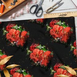 Ткань атлас цветы красные маслом