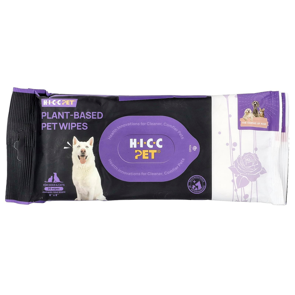 HICC Pet, салфетки для животных на растительной основе, для собак и кошек, с дамасской розой, 6 упаковок по 20 салфеток