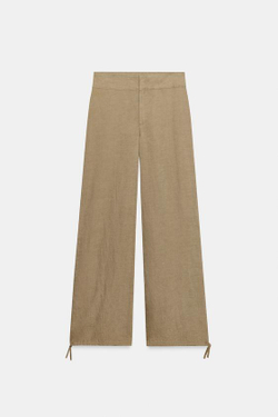 ZARA ЛЬНЯНЫЕ БРЮКИ С ШИРОКИМИ ШТАНИНАМИ И ШНУРКАМИ, ПЕСОЧНЫЙ
