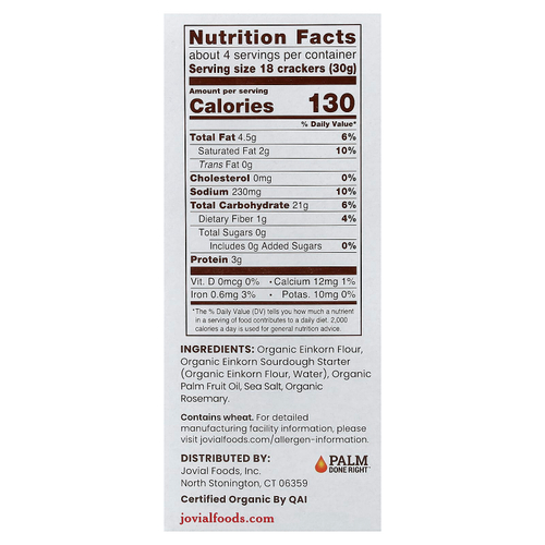 Jovial, Органические крекеры на закваске, с розмарином, 128 г (4,5 унции)