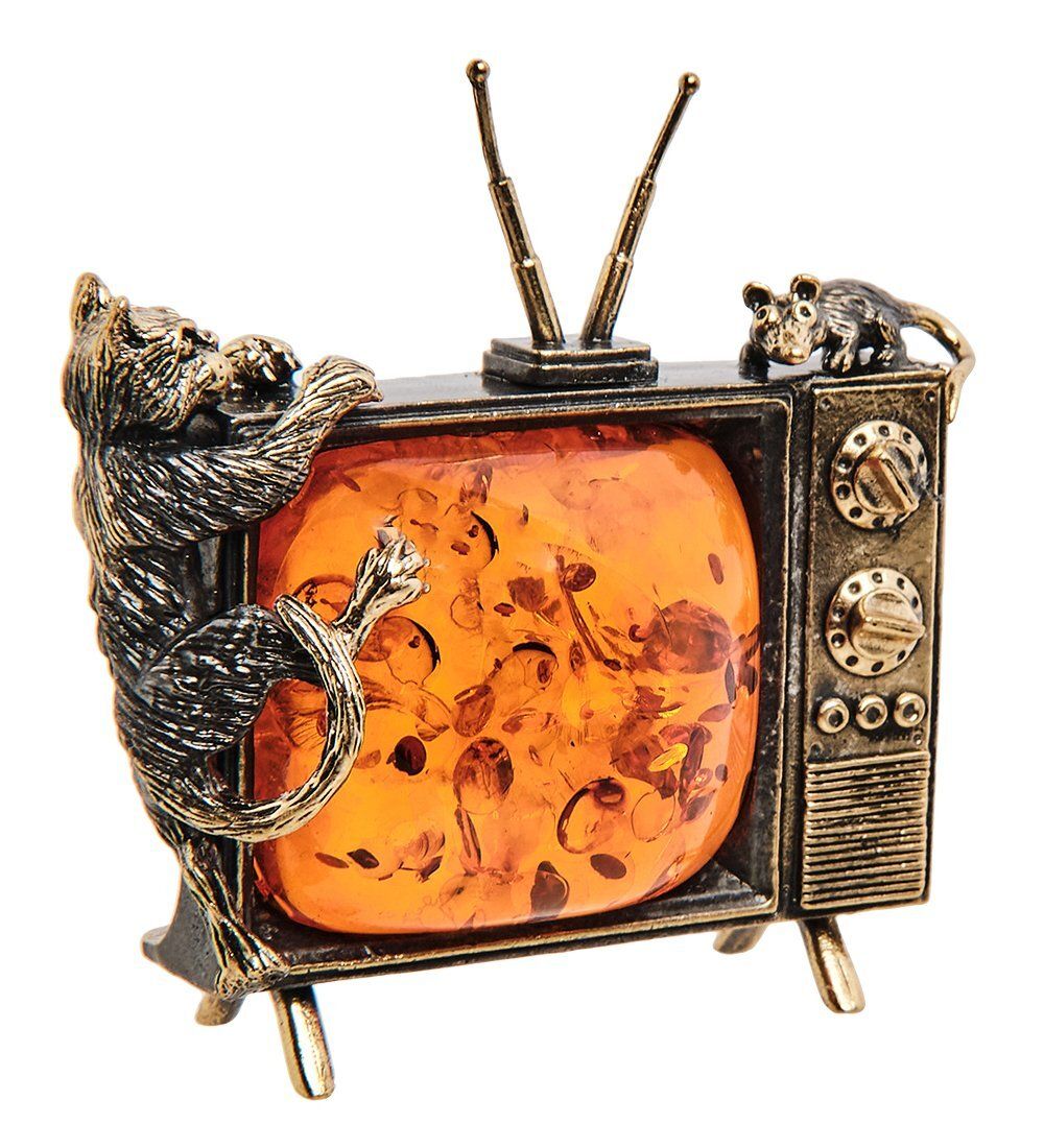 Народные промыслы AM-3056 Фигурка «Кот и мышь на телевизоре» (латунь, янтарь)