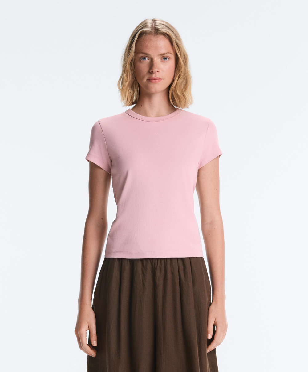 Oysho Футболка Rib Fit из смесового хлопка, светло-розовый