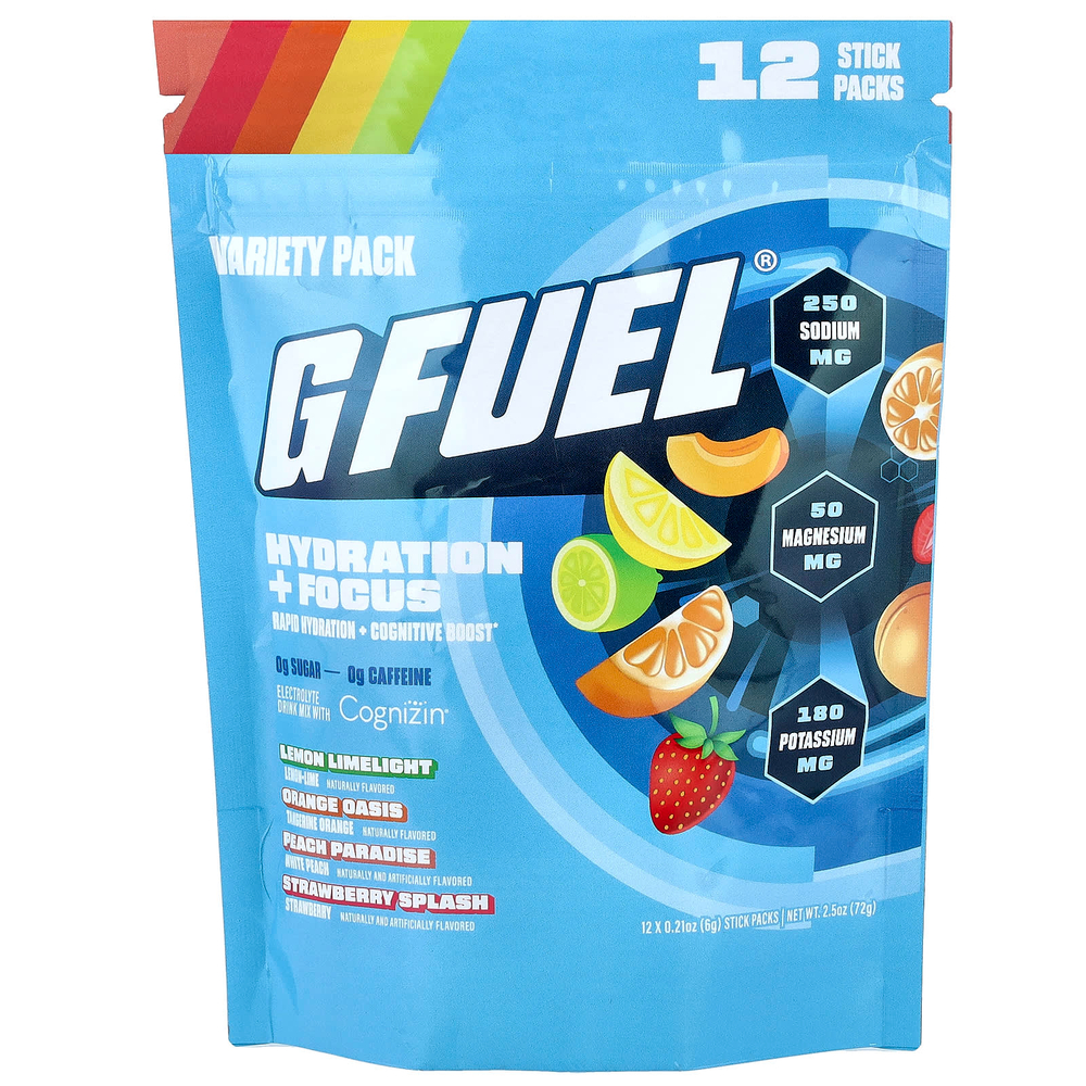 G FUEL, Hydration + Focus, смесь для приготовления электролитического напитка с Cognizin®, ассорти из 12 стик-пакетов по 6 г (0,21 унции)