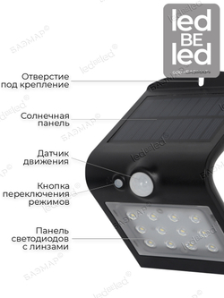 Уличный светильник на солнечной батарее с датчиком движения и света ledBEled 1.5W 220LM, настенный светодиодный фонарь