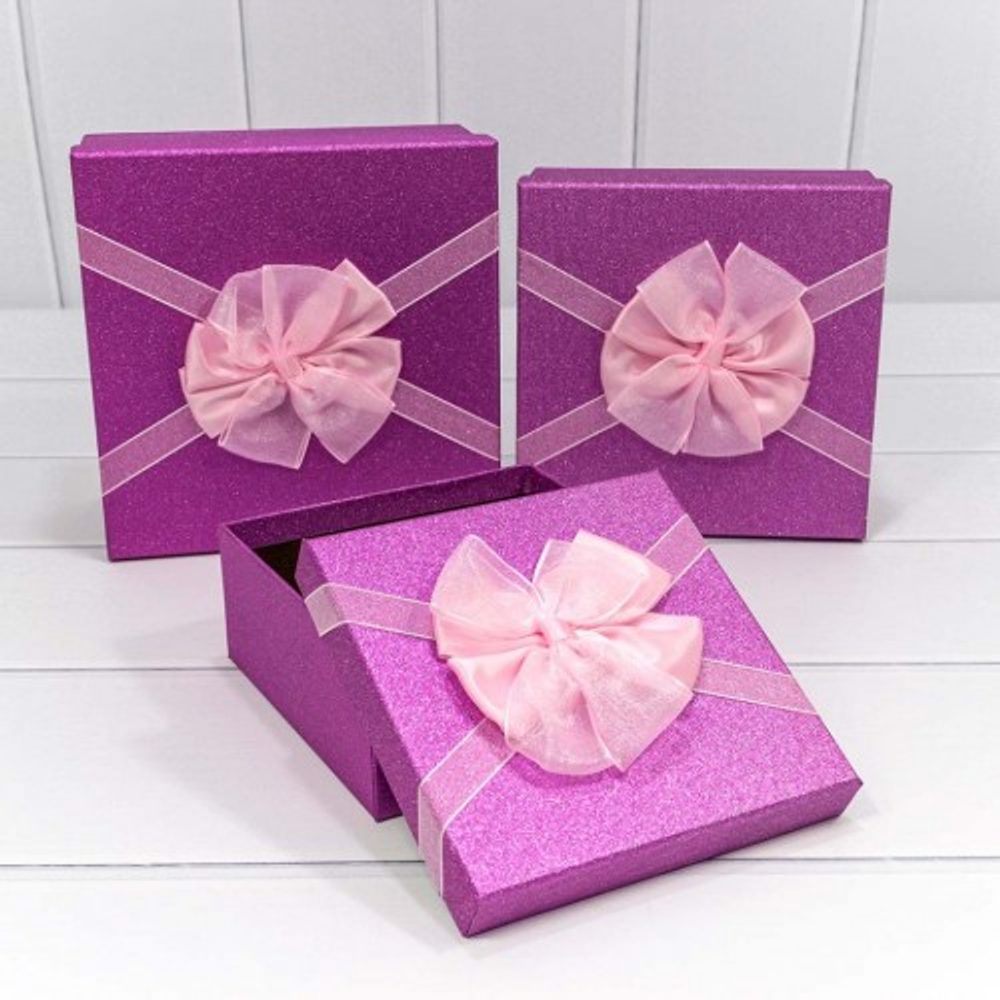 Коробка 19.5х19.5х9.5 см Набор 3 шт "Блеск" с бантом (Розовый, Фиолетовый)