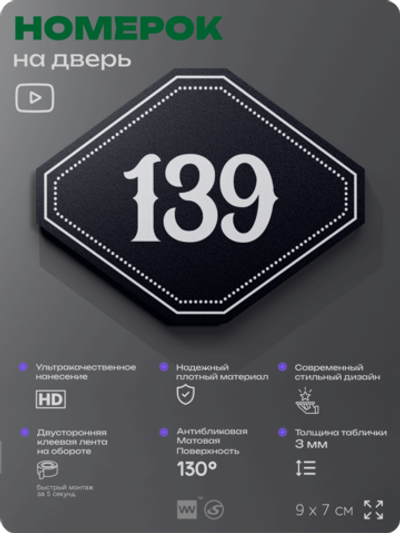 Номерок на дверь квартиры 139, для кабинета, офиса, шильдик 9 х 7 см, черный, Айдентика Технолоджи