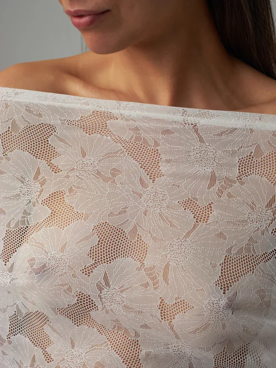 Кружевное эластичное полотно оптом , маки, айвори 004