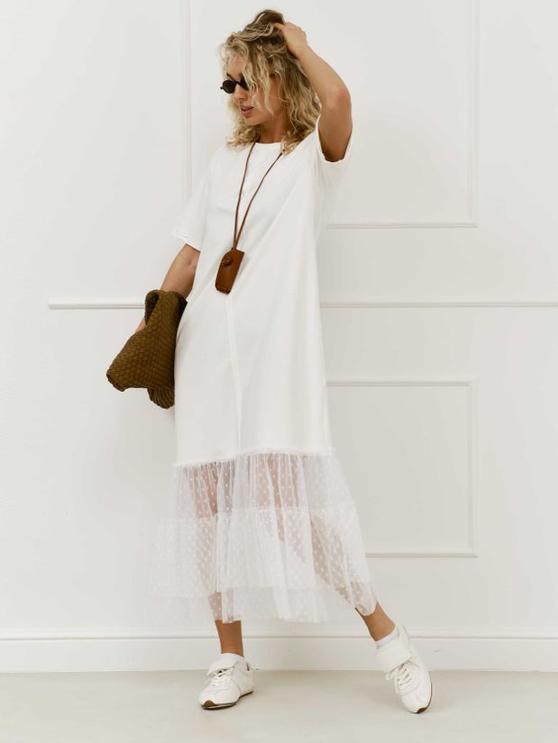 Платье трикотажное макси,с воланом из сетки, молочный