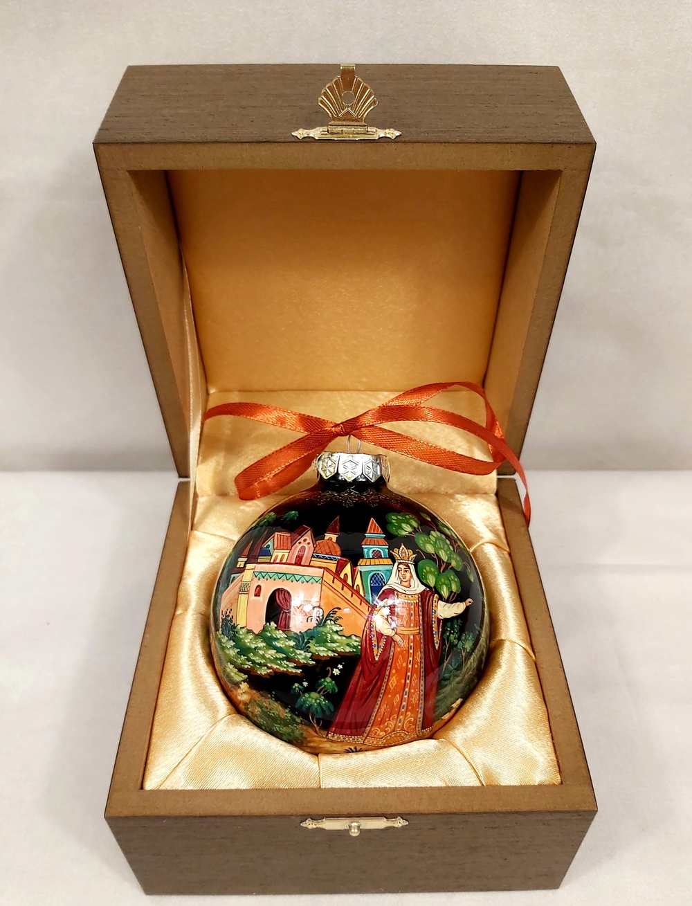 Шар новогодний (круговая роспись Палех) "Золотая рыбка" в футляре
