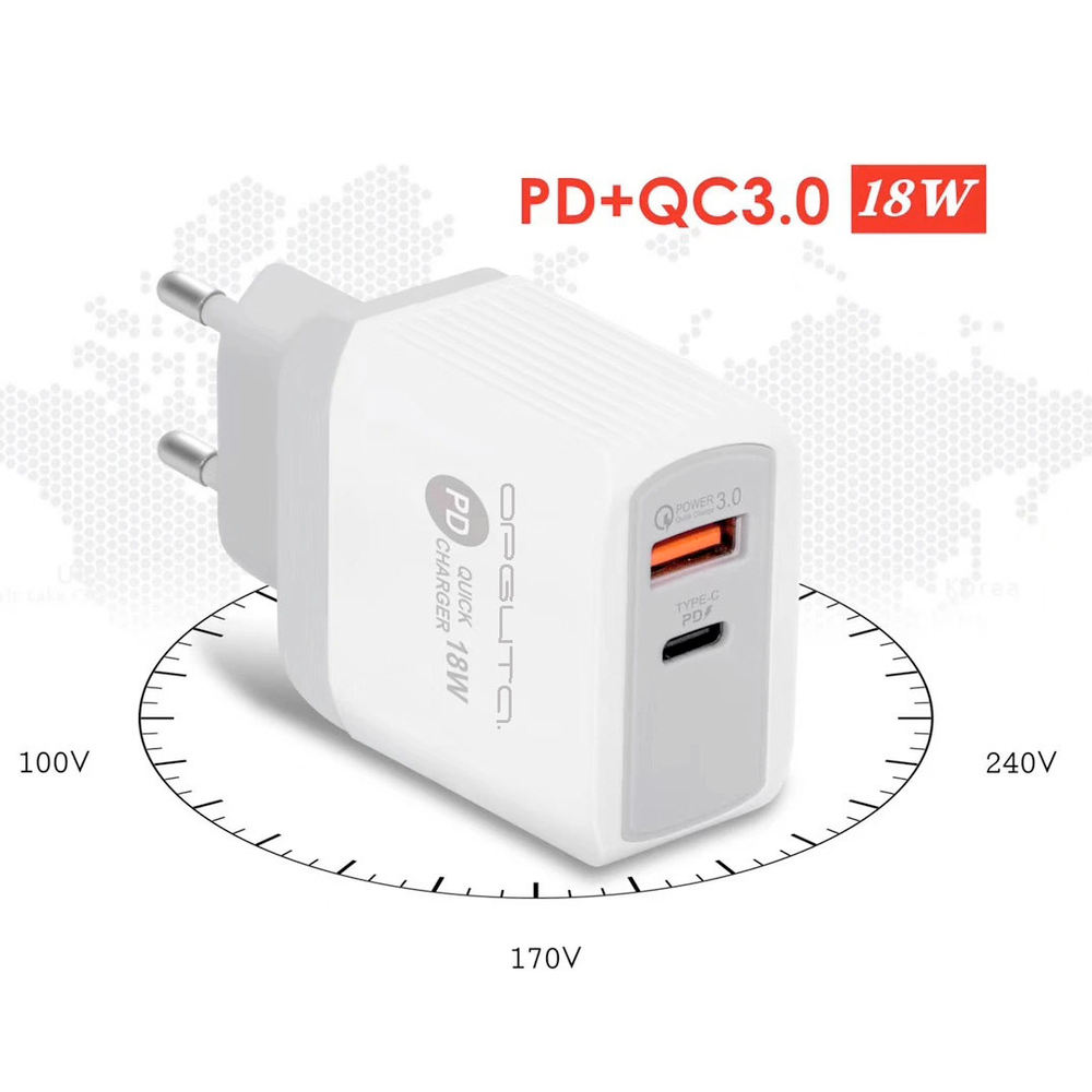 Сетевая зарядка с поддержкой быстрой зарядки PD+QC3.0 3.5А 18Вт USB-C Орбита OT-APU42